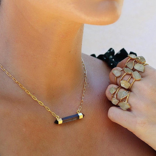 Smoky Quartz Bar Necklace, Chunky Smoky Quartz Necklace, Black Crystal Pendant, 14k Gold Crystal Necklace, Gift for Her