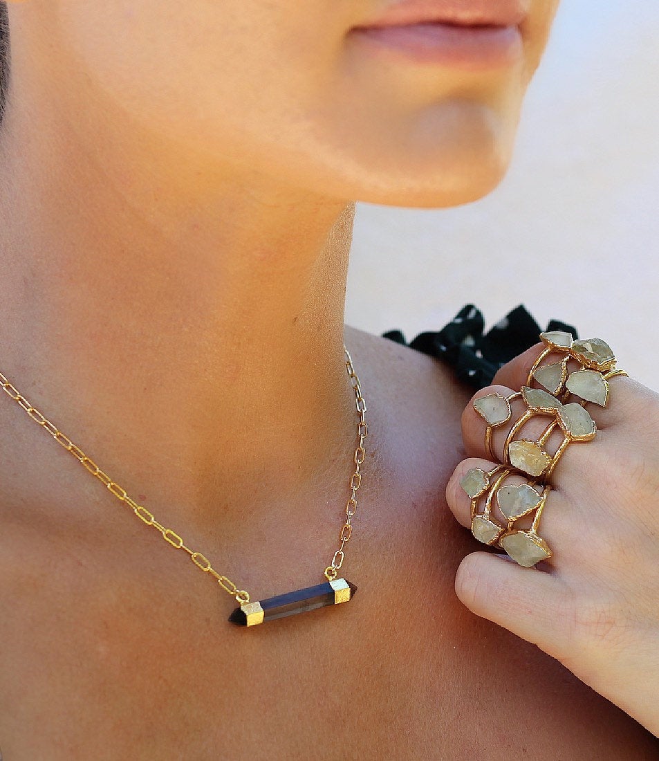 Smoky Quartz Bar Necklace, Chunky Smoky Quartz Necklace, Black Crystal Pendant, 14k Gold Crystal Necklace, Gift for Her