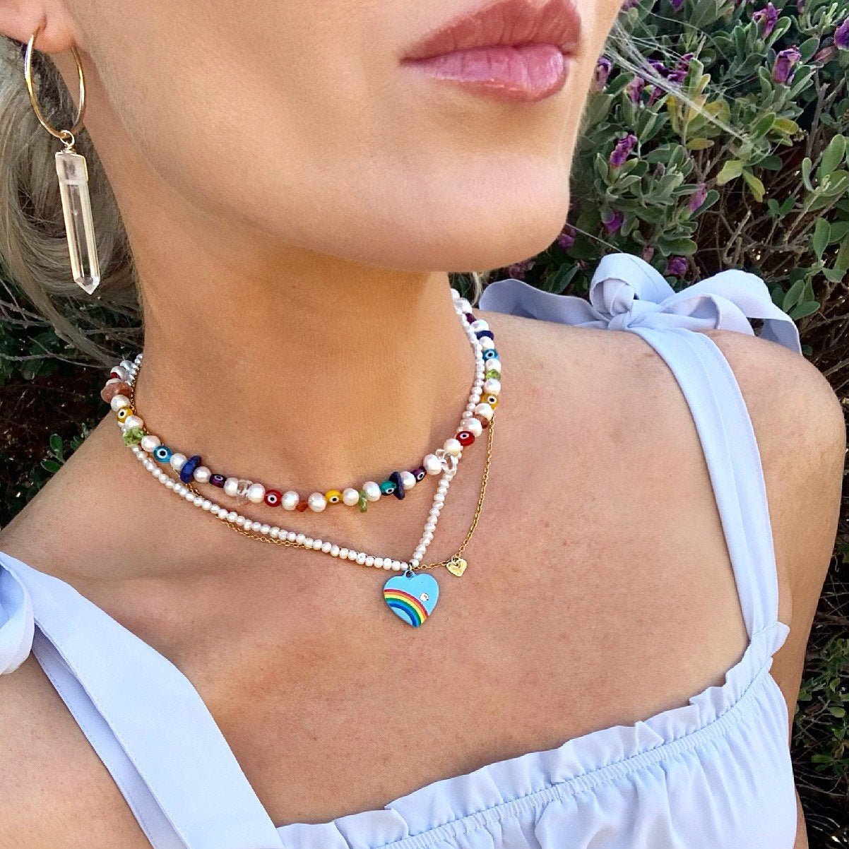 Colorful Pearl Necklace, 90s Style Pearl Necklace, 90s Bead Necklace, Pearl Bead Necklace, Evil Eye Bead Necklace, Rainbow Beaded Necklace