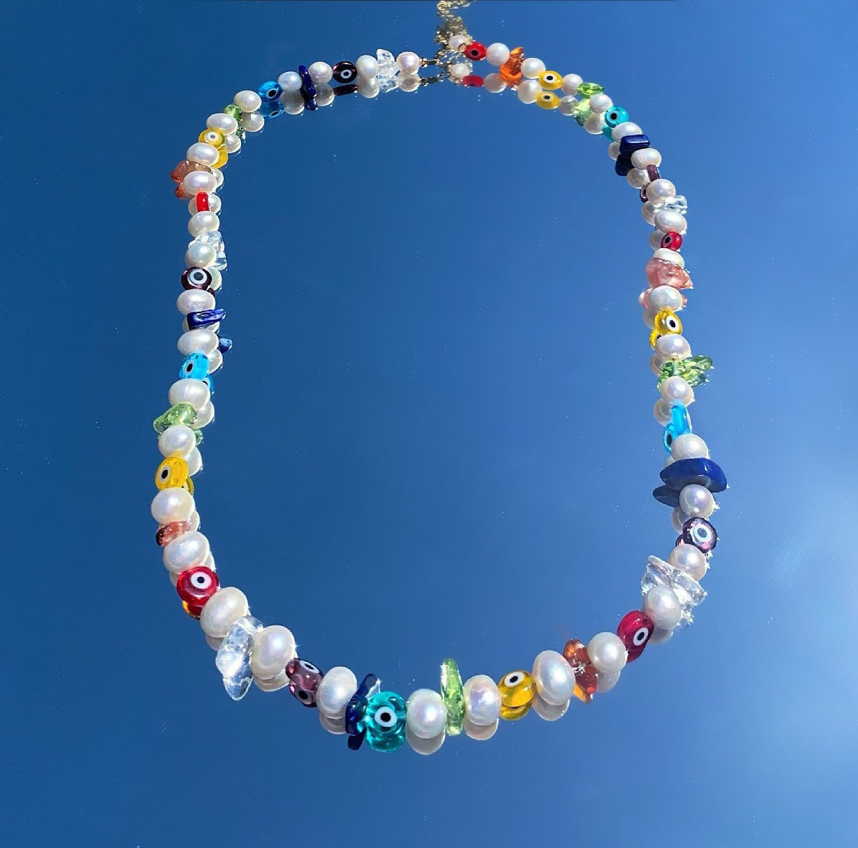 Colorful Pearl Necklace, 90s Style Pearl Necklace, 90s Bead Necklace, Pearl Bead Necklace, Evil Eye Bead Necklace, Rainbow Beaded Necklace