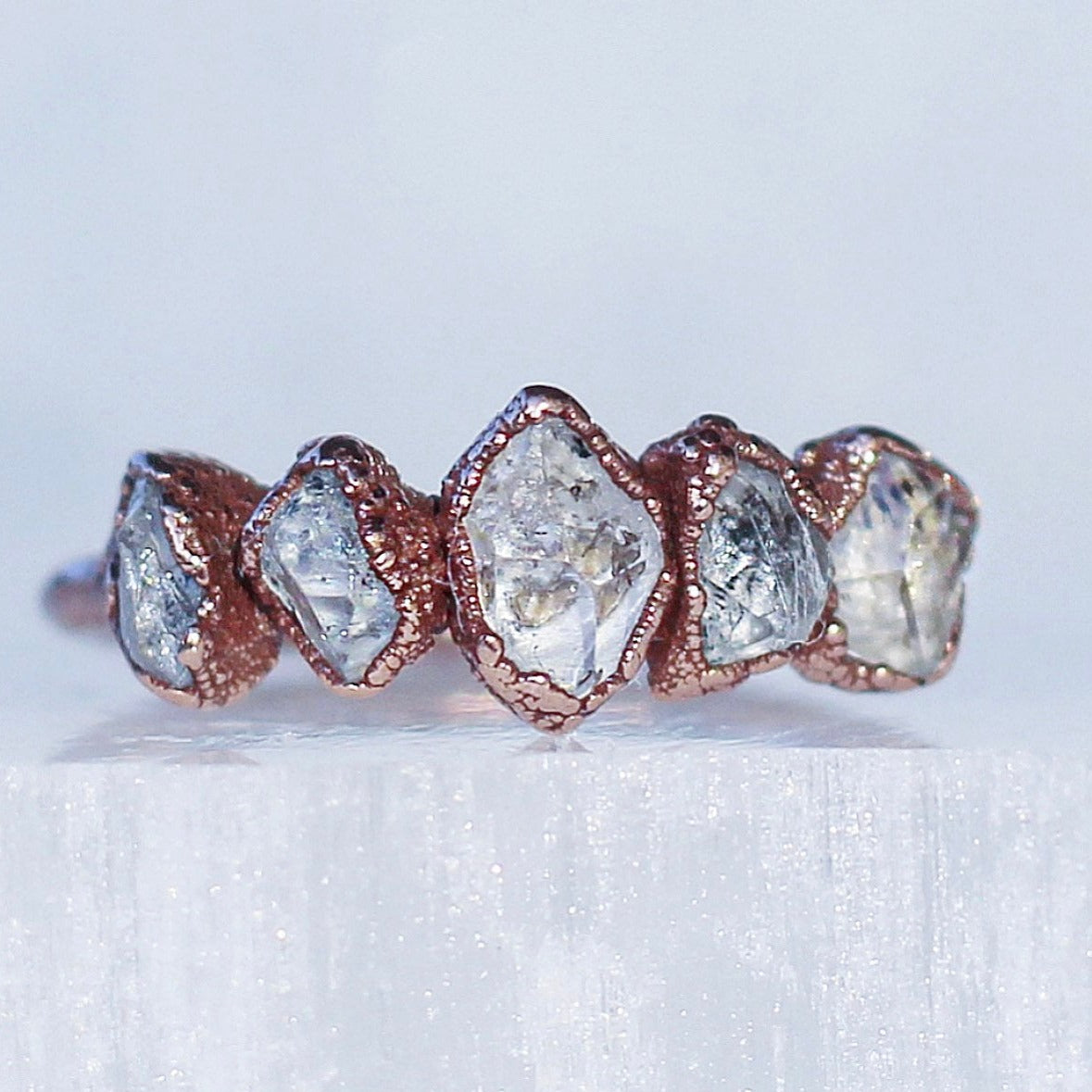 Herkimer Diamond Multi Stone Ring, Stackable Herkimer Diamond Ring, Raw Crystal Ring, Boho Wedding Ring, Copper Wedding Band, Rustic Wedding