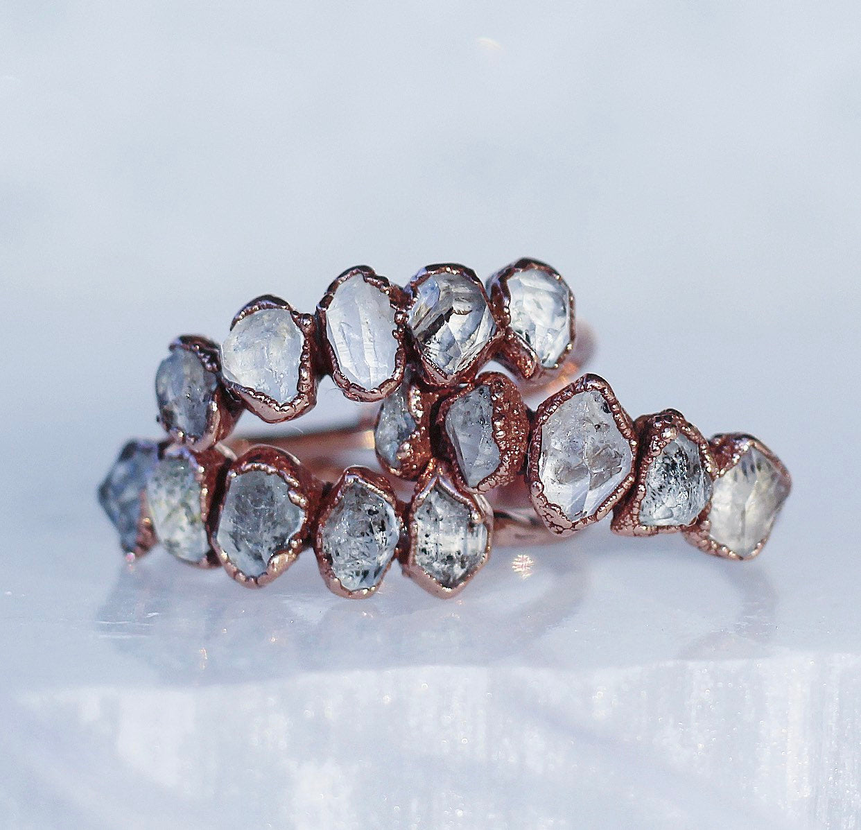 Herkimer Diamond Multi Stone Ring, Stackable Herkimer Diamond Ring, Raw Crystal Ring, Boho Wedding Ring, Copper Wedding Band, Rustic Wedding