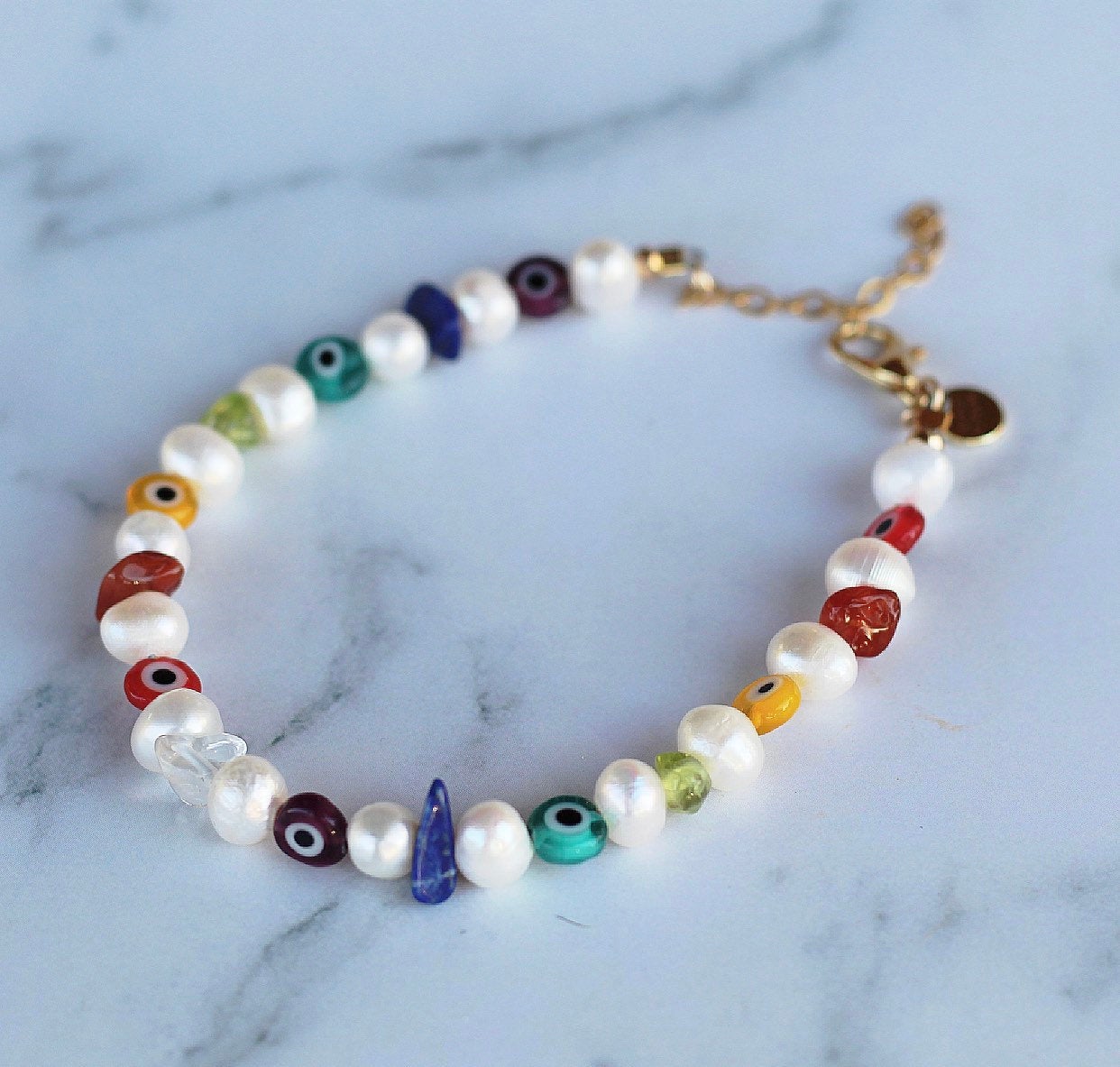 Colorful Pearl Bracelet, Multicolor Bead and Pearl Bracelet, Pearl Bead Necklace, Evil Eye Bead Bracelet, Rainbow Beaded Bracelet