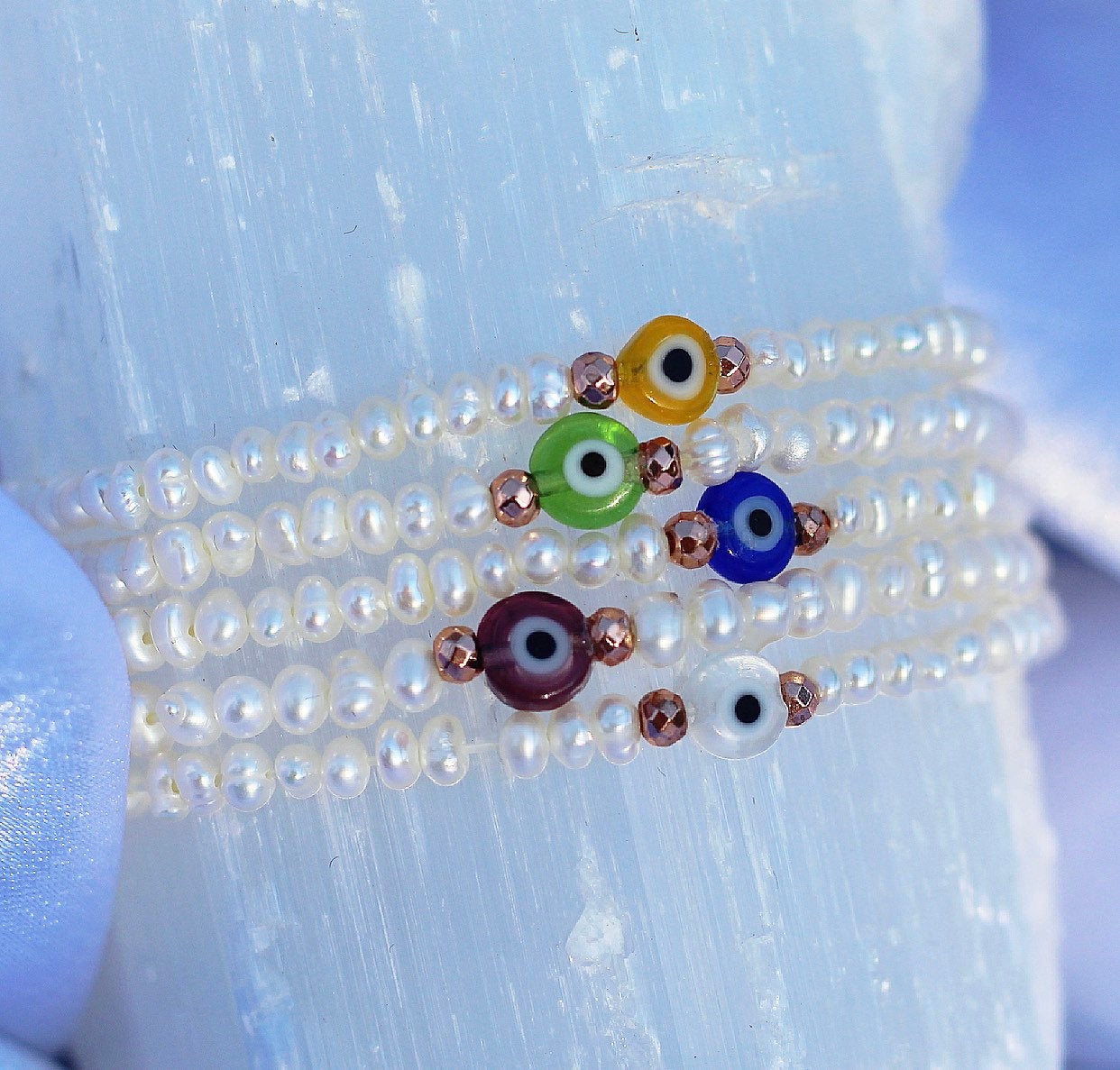 Evil Eye and Pearl Stacking Bracelet, Delicate Boho Bead Bracelet, Dainty Pearl Stacking Bracelet, Stretchy Pearl Bead Bracelet