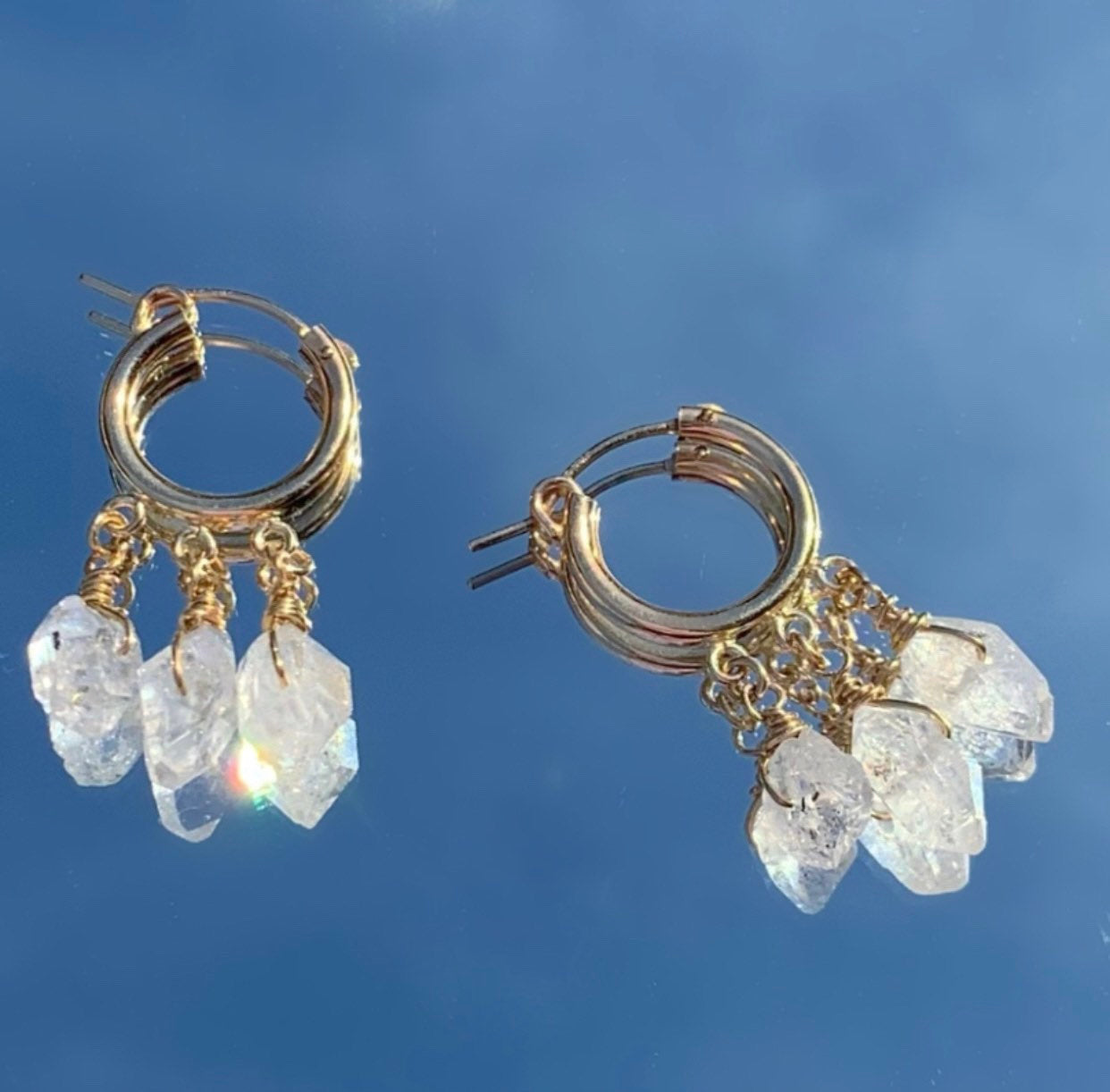 Herkimer Diamond Huggies, Crystal Ear Huggies, 14k Gold Huggie Earrings, Herkimer Diamond Hoop Earrings, Gift for Her, Sterling Silver Hoops