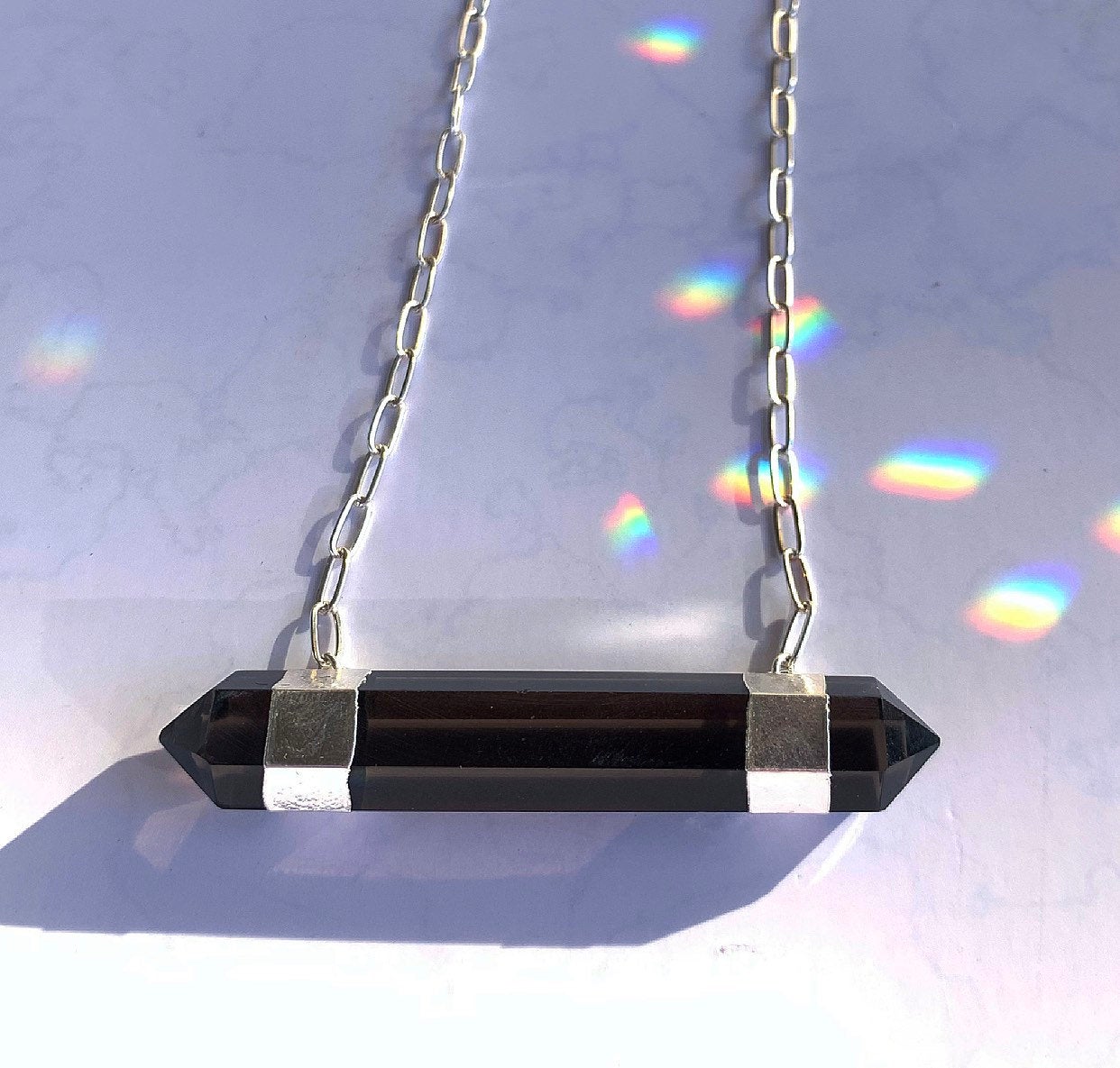 Smoky Quartz Bar Necklace, Chunky Smoky Quartz Necklace, Black Crystal Pendant, 14k Gold Crystal Necklace, Gift for Her