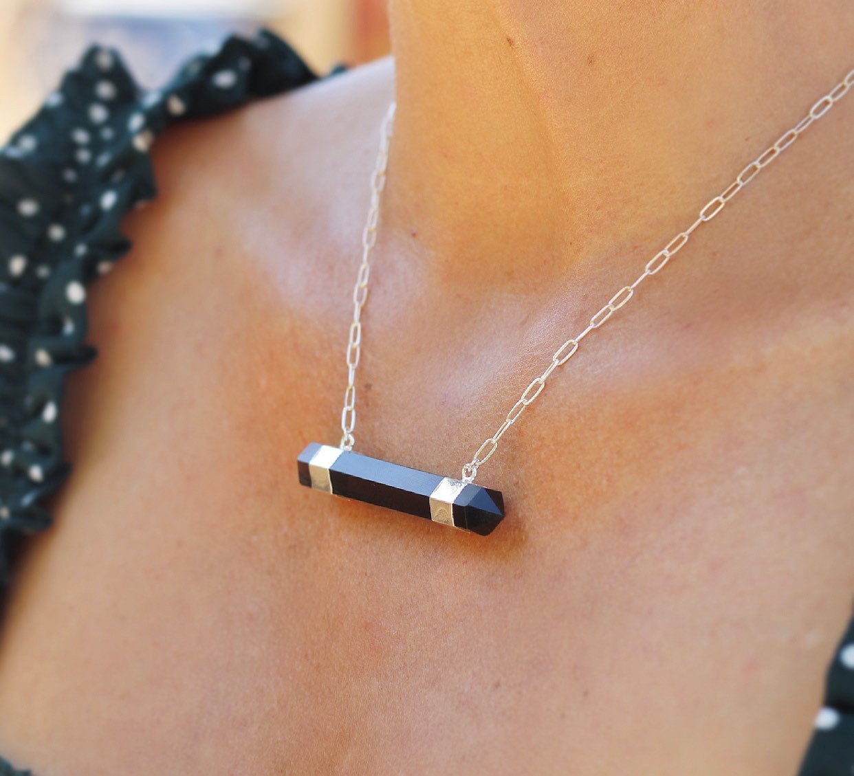 Smoky Quartz Bar Necklace, Chunky Smoky Quartz Necklace, Black Crystal Pendant, 14k Gold Crystal Necklace, Gift for Her
