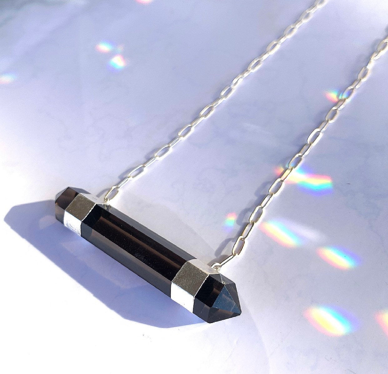 Smoky Quartz Bar Necklace, Chunky Smoky Quartz Necklace, Black Crystal Pendant, 14k Gold Crystal Necklace, Gift for Her