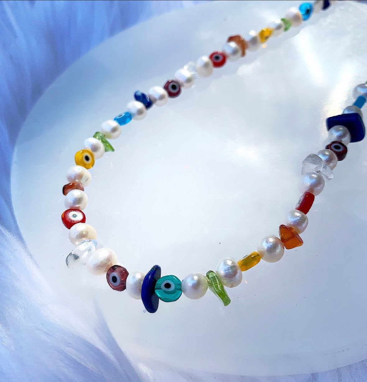 Colorful Pearl Necklace, 90s Style Pearl Necklace, 90s Bead Necklace, Pearl Bead Necklace, Evil Eye Bead Necklace, Rainbow Beaded Necklace