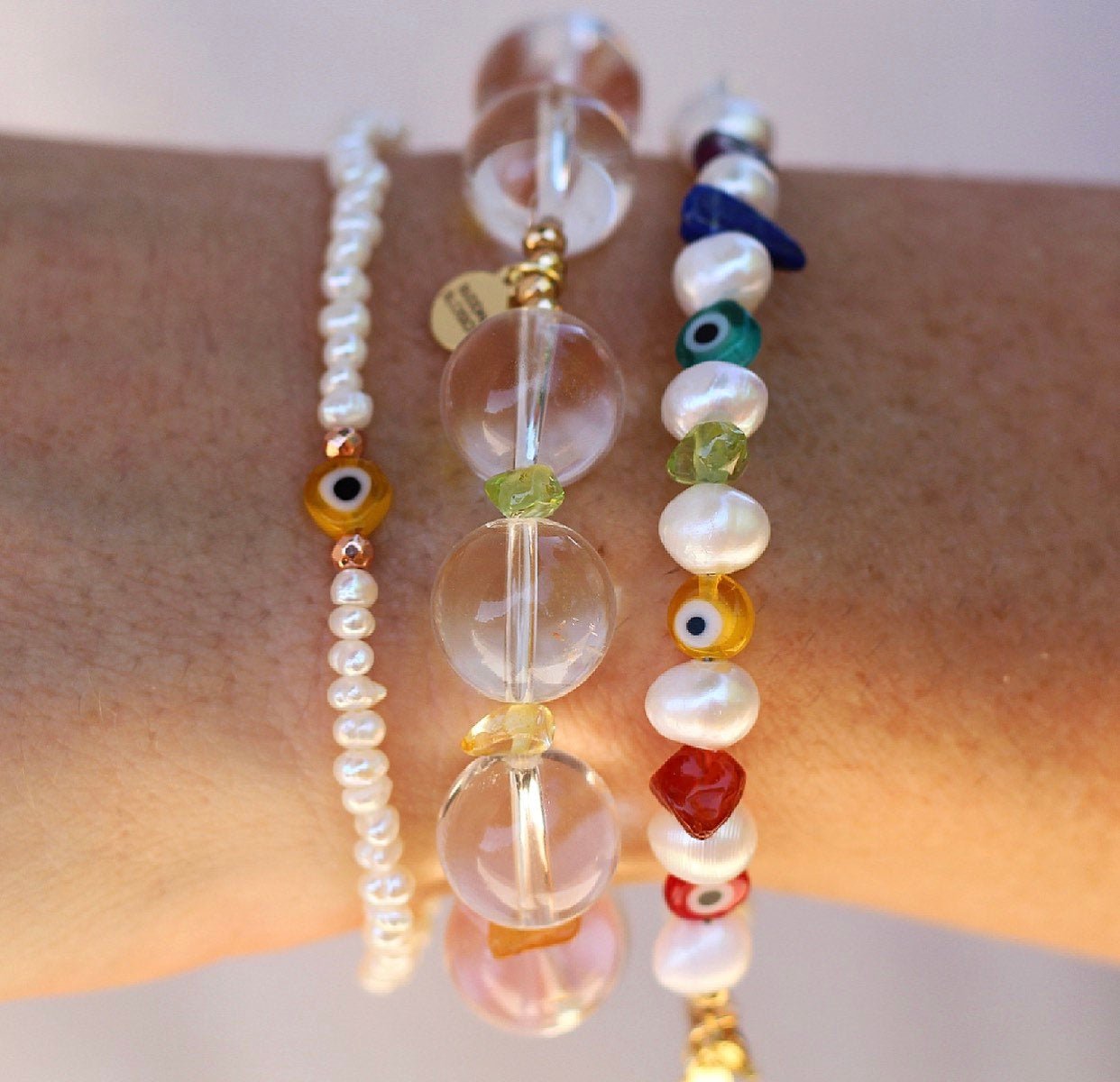 Colorful Pearl Bracelet, Multicolor Bead and Pearl Bracelet, Pearl Bead Necklace, Evil Eye Bead Bracelet, Rainbow Beaded Bracelet
