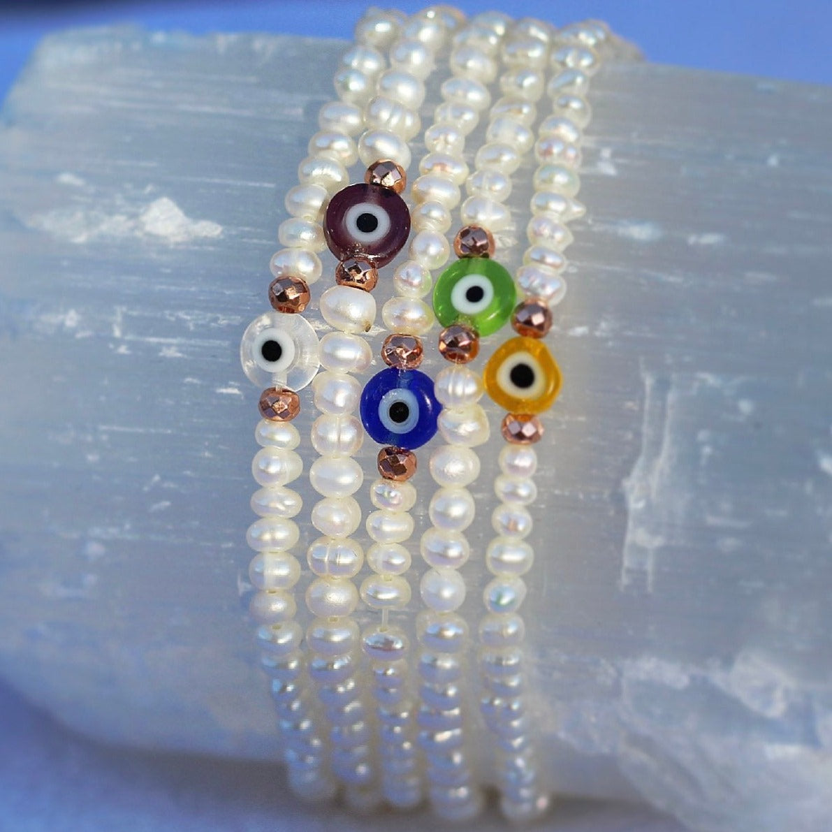 Evil Eye and Pearl Stacking Bracelet, Delicate Boho Bead Bracelet, Dainty Pearl Stacking Bracelet, Stretchy Pearl Bead Bracelet
