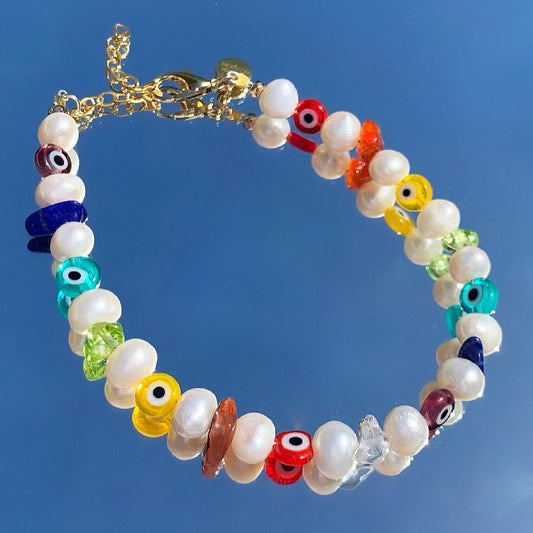 Colorful Pearl Bracelet, Multicolor Bead and Pearl Bracelet, Pearl Bead Necklace, Evil Eye Bead Bracelet, Rainbow Beaded Bracelet