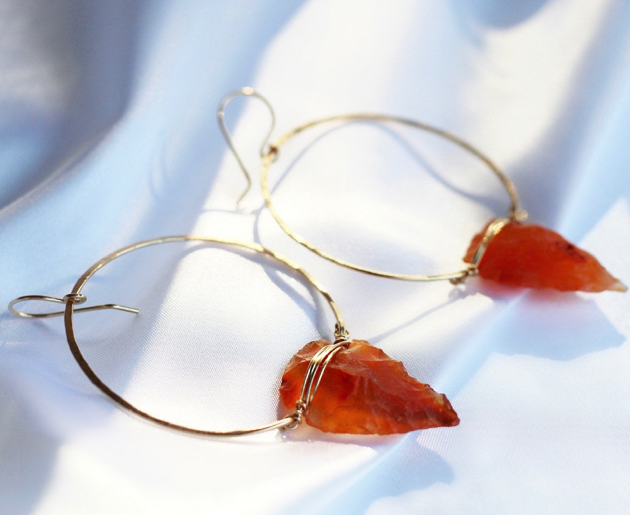 Raw Carnelian Hoop Earrings, Carnelian Arrowhead Hoops, Carnelian Crystal Earrings, Sacral Chakra Earrings, Bohemian Hoop Earrings, Boho
