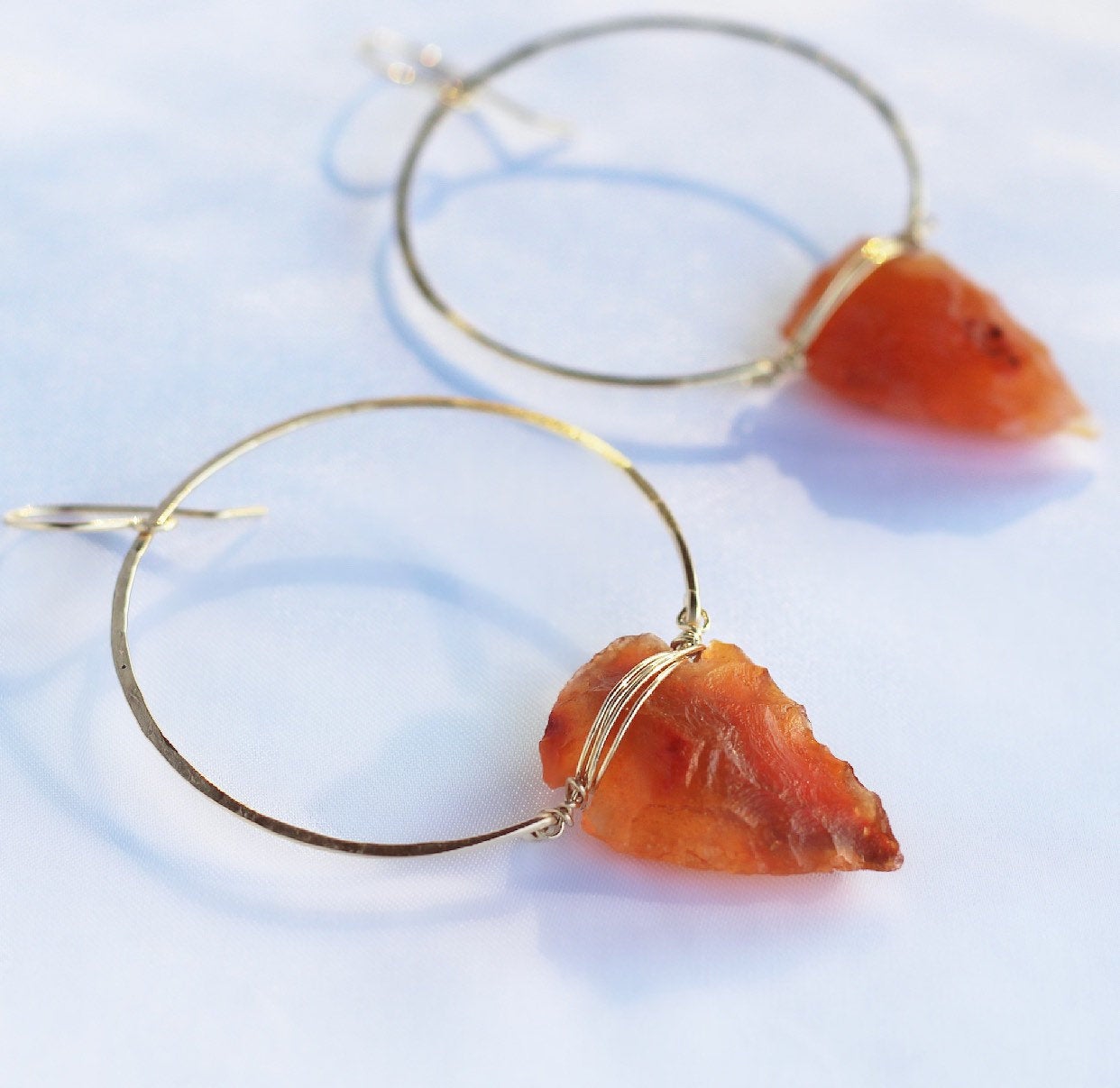 Raw Carnelian Hoop Earrings, Carnelian Arrowhead Hoops, Carnelian Crystal Earrings, Sacral Chakra Earrings, Bohemian Hoop Earrings, Boho