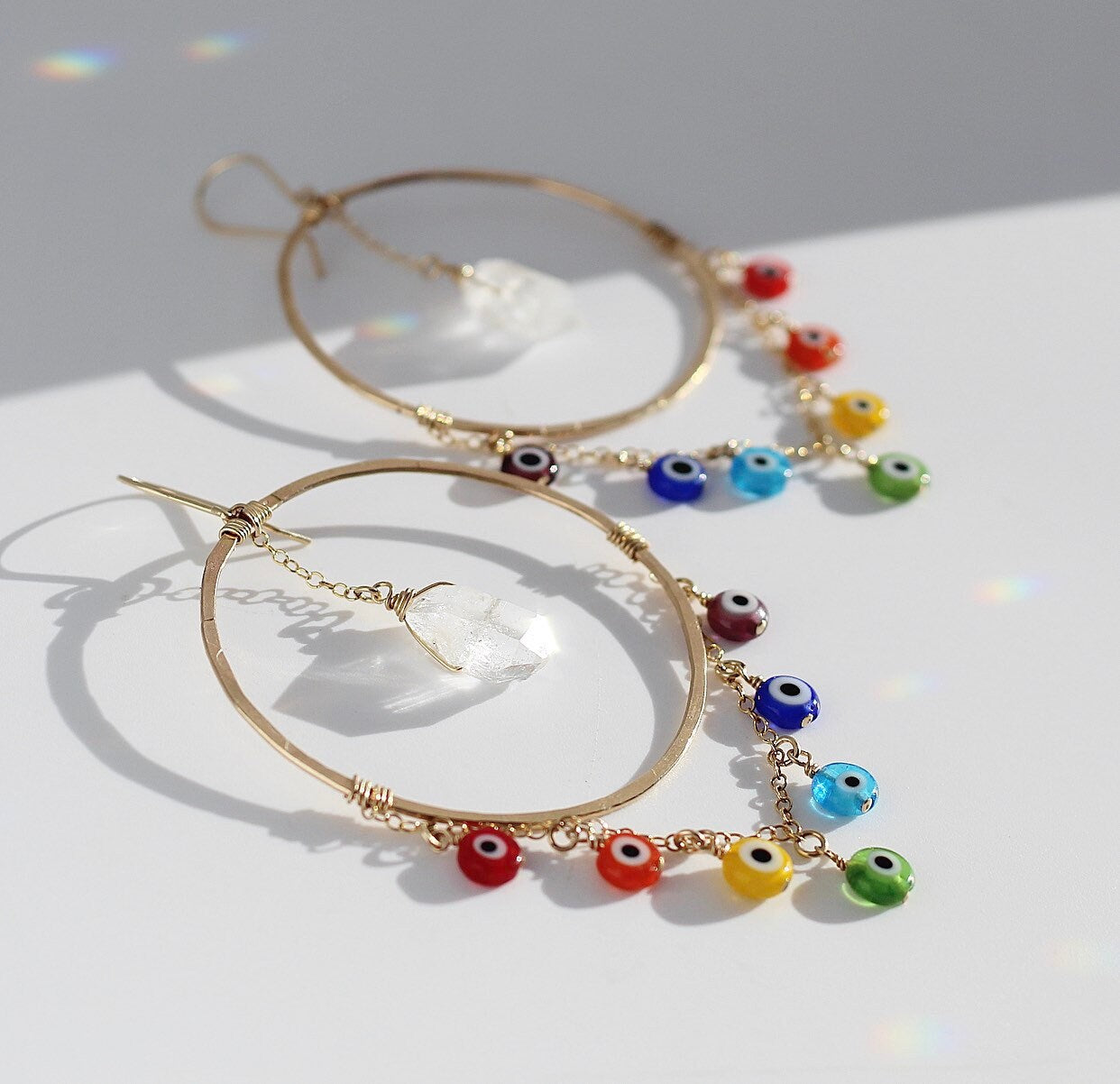 Boho Evil Eye Earrings, Big Boho Hoop Earrings, Evil Eye Chandelier Earrings, Rainbow Hoops, Chakra Hoop Earrings