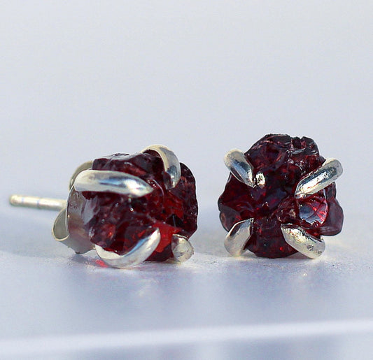 Raw Garnet Earrings, Raw Stone Stud Earrings, Raw Crystal Earrings, Raw Stone Jewelry, January Birthstone Earrings, Sterling Silver Earrings