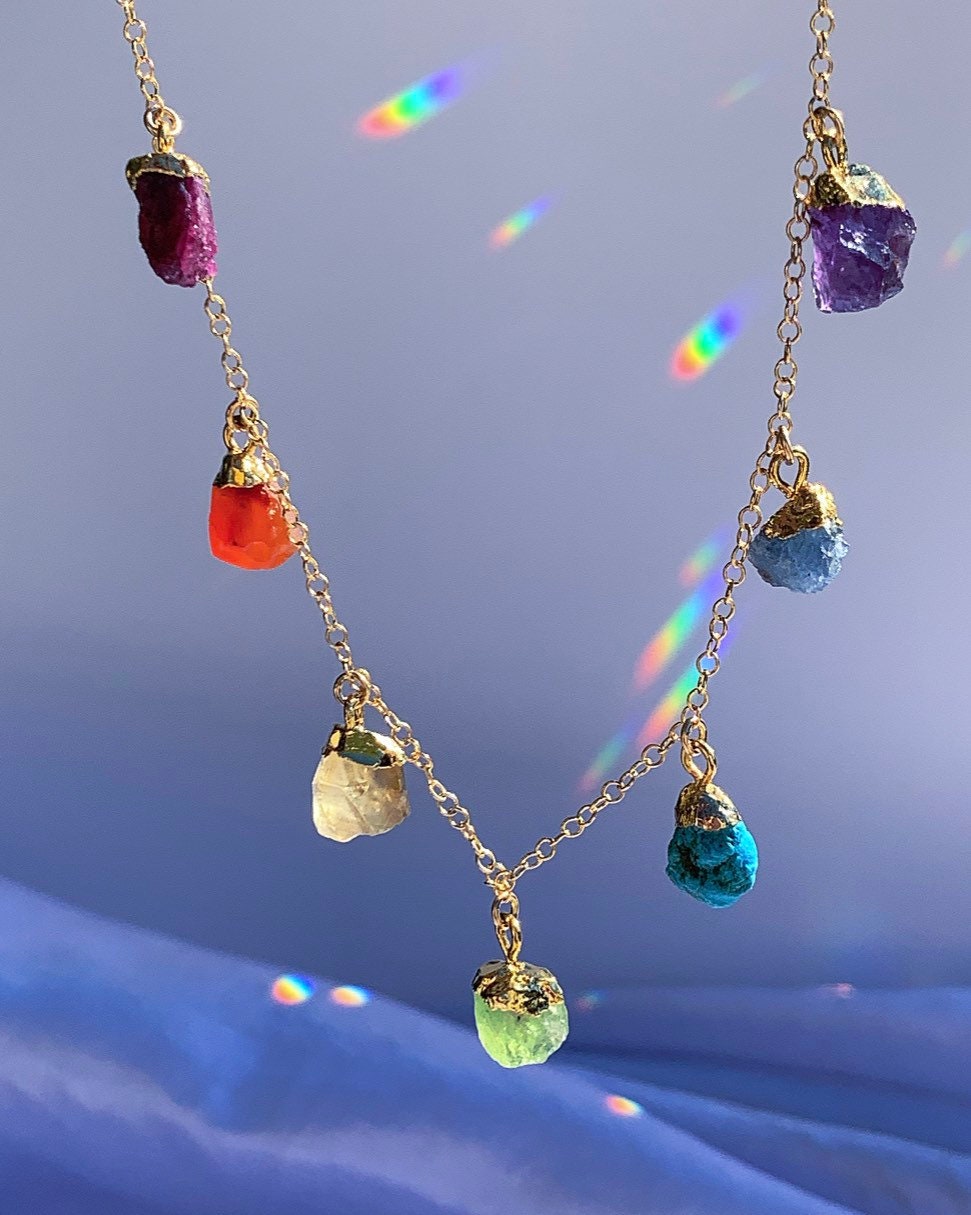 Raw Stone Chakra Necklace, Chakra Balancing Necklace, Raw Gemstone Necklace, Crystal Healing Necklace, Boho Chakra Necklace, Gift for Her