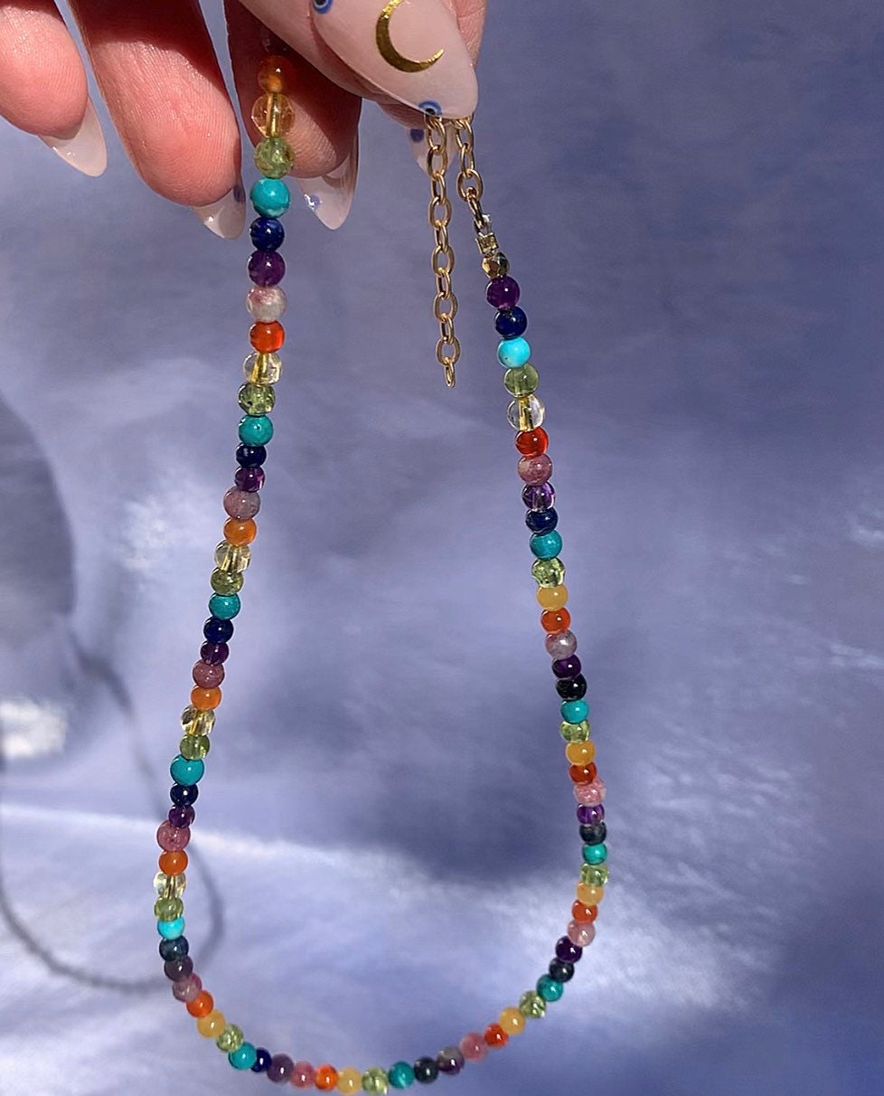 Beaded Rainbow Choker, Crystal Bead Choker, Simple Bead Necklace, Chakra Bead Necklace, Boho Choker Necklace