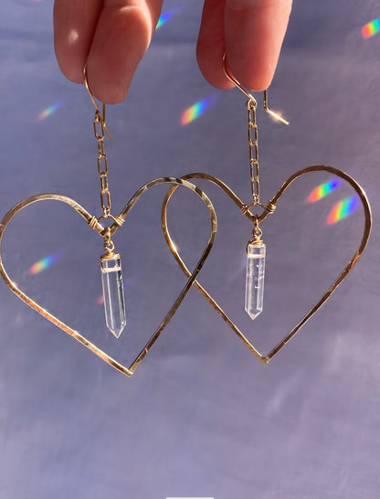 Crystal Heart Earrings, Gold Heart Earrings, Love Crystal Earrings, Crystal Earrings Gift, Crystal Quartz Dangle Earrings, Gift for Her