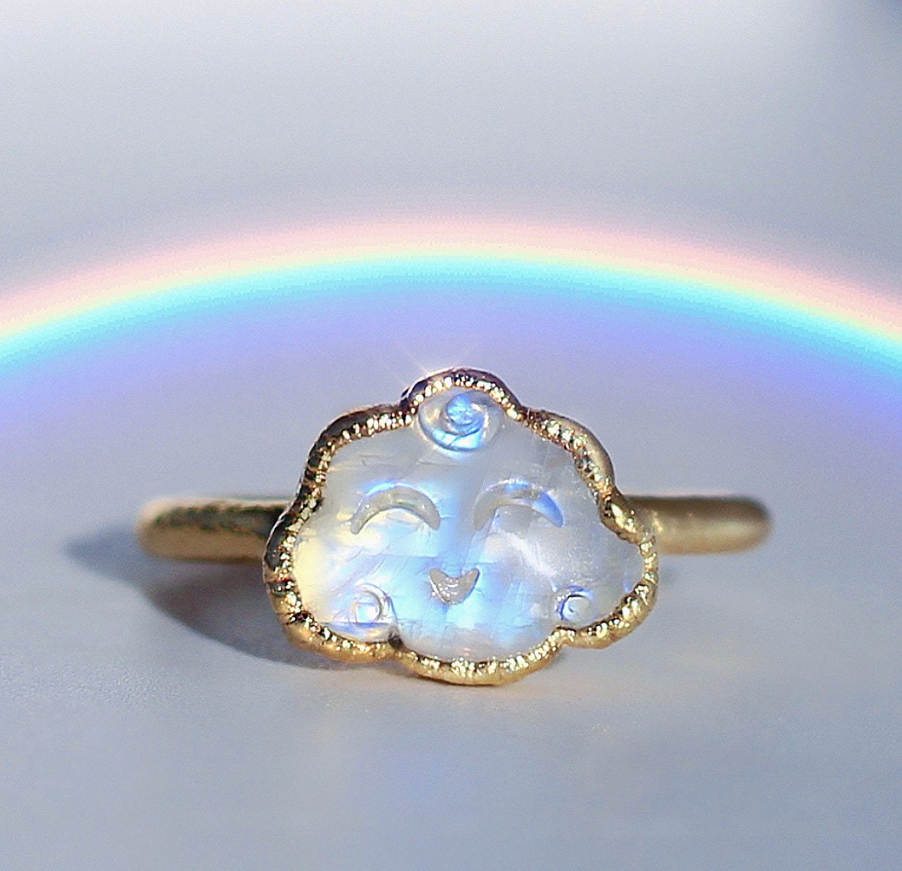 Moonstone Cloud Ring, Cloud Smiling Face Ring, Cloud Stone Ring, Copper Moonstone Ring, Kawaii Ring, Rainbow Moonstone Jewelry