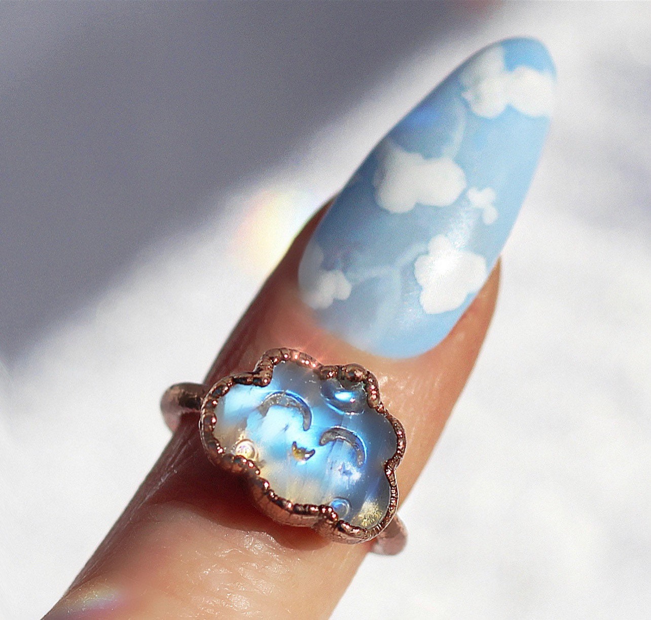 Moonstone Cloud Ring, Cloud Smiling Face Ring, Cloud Stone Ring, Copper Moonstone Ring, Kawaii Ring, Rainbow Moonstone Jewelry