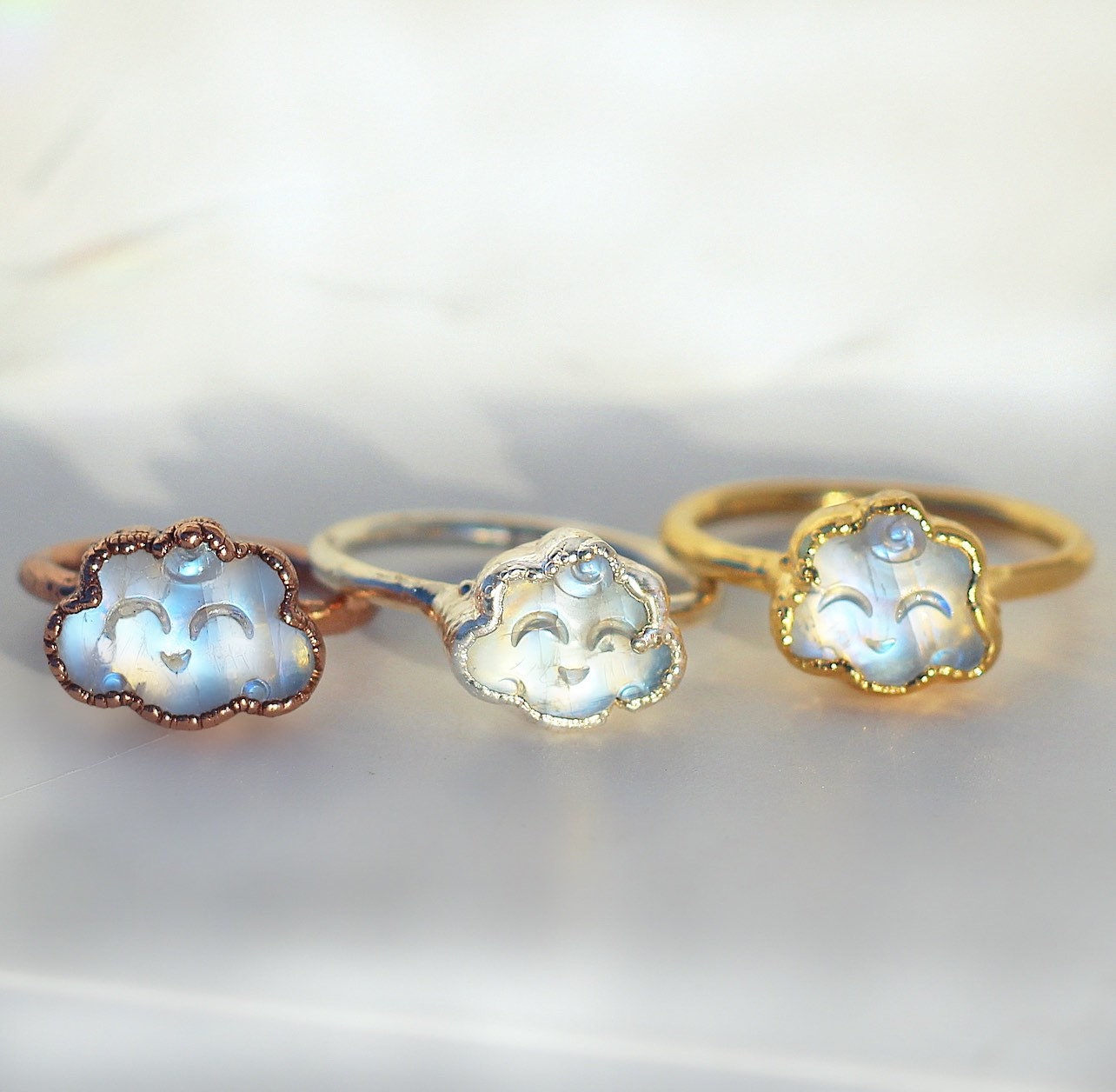 Moonstone Cloud Ring, Cloud Smiling Face Ring, Cloud Stone Ring, Copper Moonstone Ring, Kawaii Ring, Rainbow Moonstone Jewelry