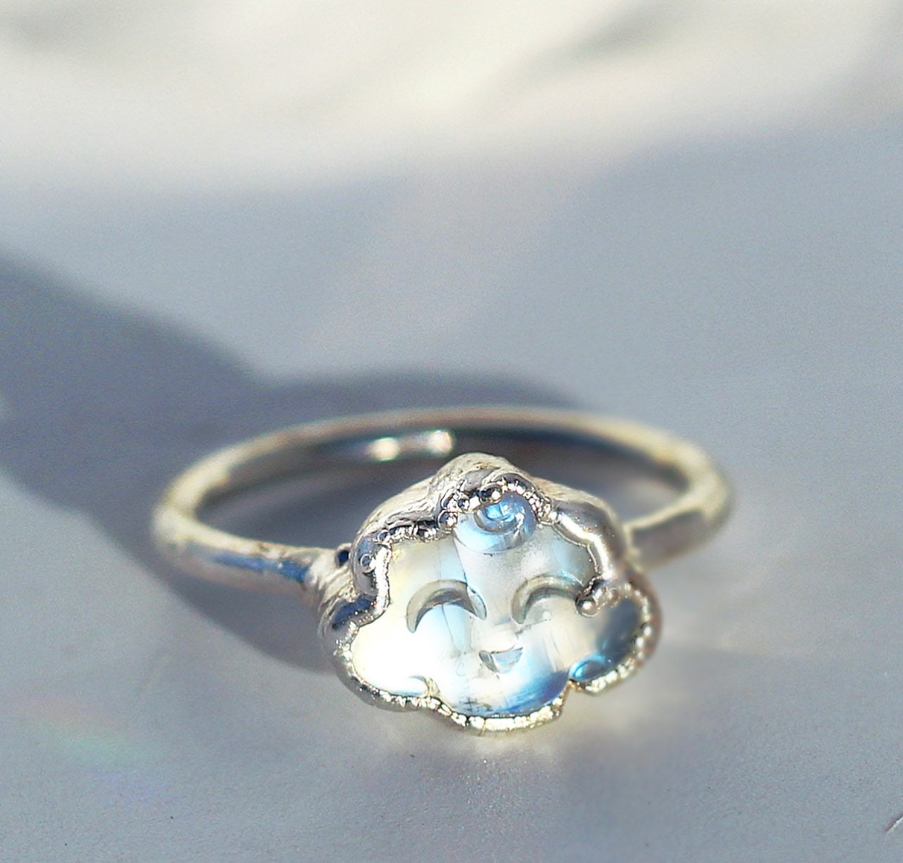 Moonstone Cloud Ring, Cloud Smiling Face Ring, Cloud Stone Ring, Copper Moonstone Ring, Kawaii Ring, Rainbow Moonstone Jewelry