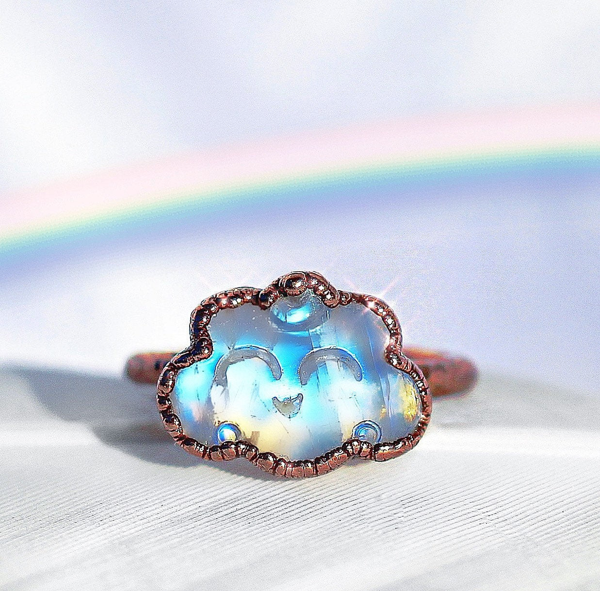 Moonstone Cloud Ring, Cloud Smiling Face Ring, Cloud Stone Ring, Copper Moonstone Ring, Kawaii Ring, Rainbow Moonstone Jewelry