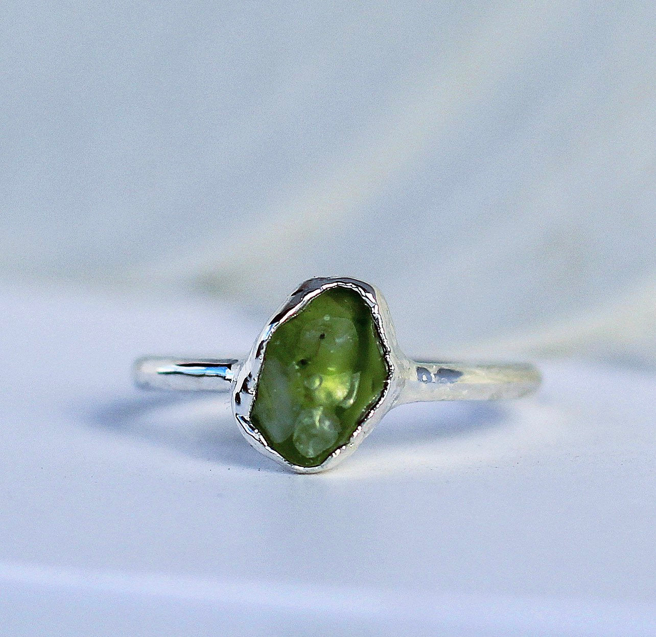 Raw Peridot Ring in Silver, August Birthstone Silver Ring, Bright Green Stone Ring, August Birthstone Silver Jewelry, August Gemstone Gift