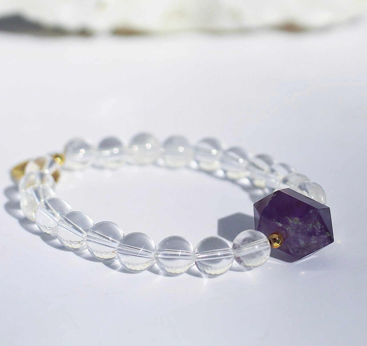 Amethyst and Quartz Mala Bracelet, Healing Crystal Stretch Bracelet, Clear Crystal Beaded Bracelet, Healing Stone Beaded Bracelet