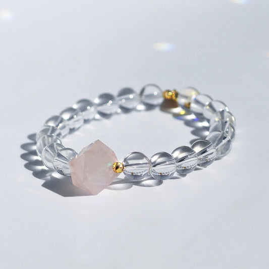 Rose Quartz and Crystal Quartz Mala Bracelet, Healing Stone Stretch Bracelet, Quartz Crystal Bead Bracelet, Healing Gemstone Bracelet