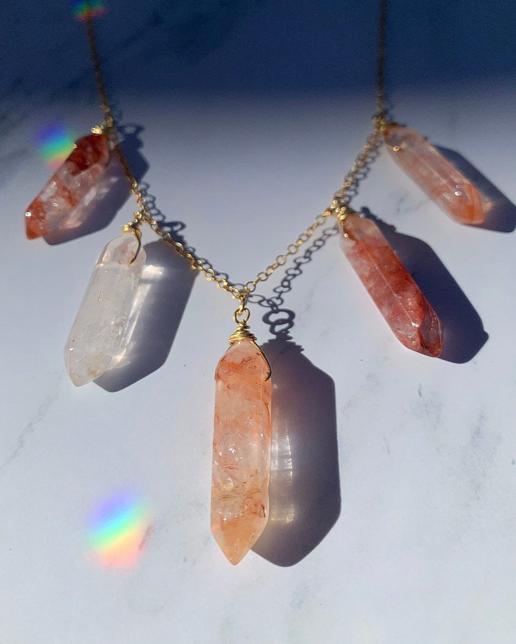 Hematoid Quartz Necklace, Multi Stone Raw Crystal Necklace, Boho Crystal Bib Necklace, Hematoid Crystal Healing Necklace