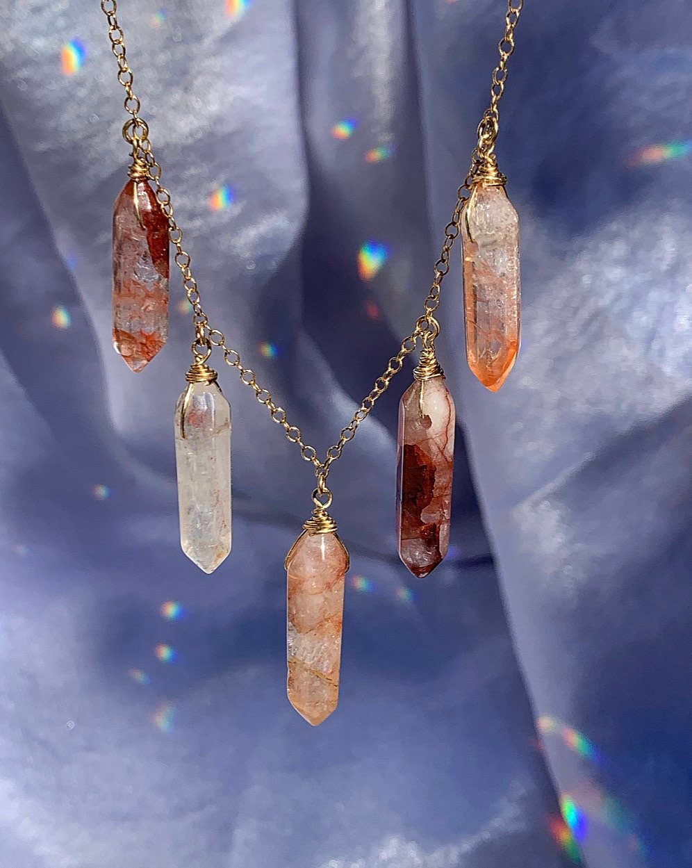 Hematoid Quartz Necklace, Multi Stone Raw Crystal Necklace, Boho Crystal Bib Necklace, Hematoid Crystal Healing Necklace