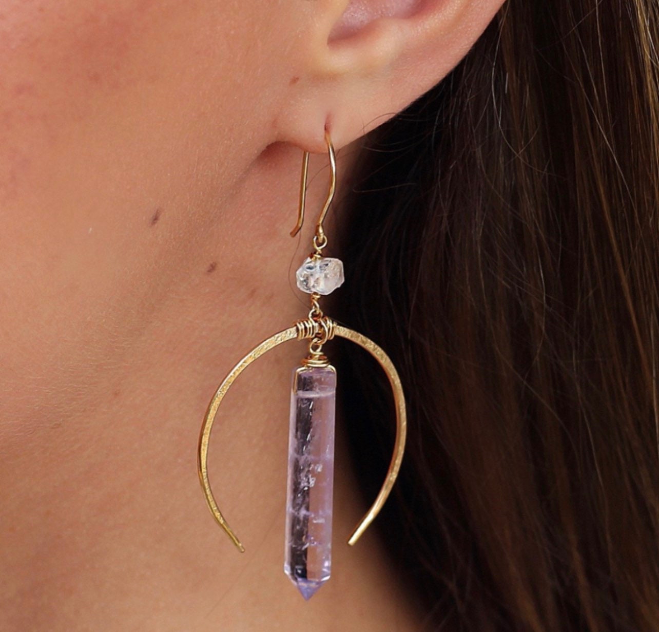 Crystal Moon Earrings, Gold Moon Hoops, Crystal Earrings, Crescent Moon Earrings, Moon Hoop Earrings, Healing Quartz Hoops, Gift for Her