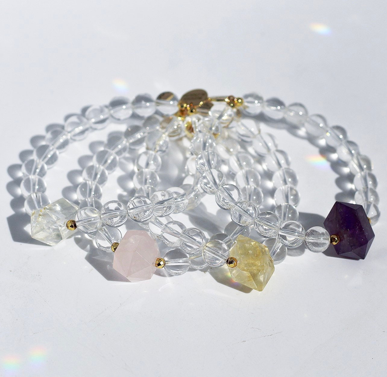 Amethyst and Quartz Mala Bracelet, Healing Crystal Stretch Bracelet, Clear Crystal Beaded Bracelet, Healing Stone Beaded Bracelet
