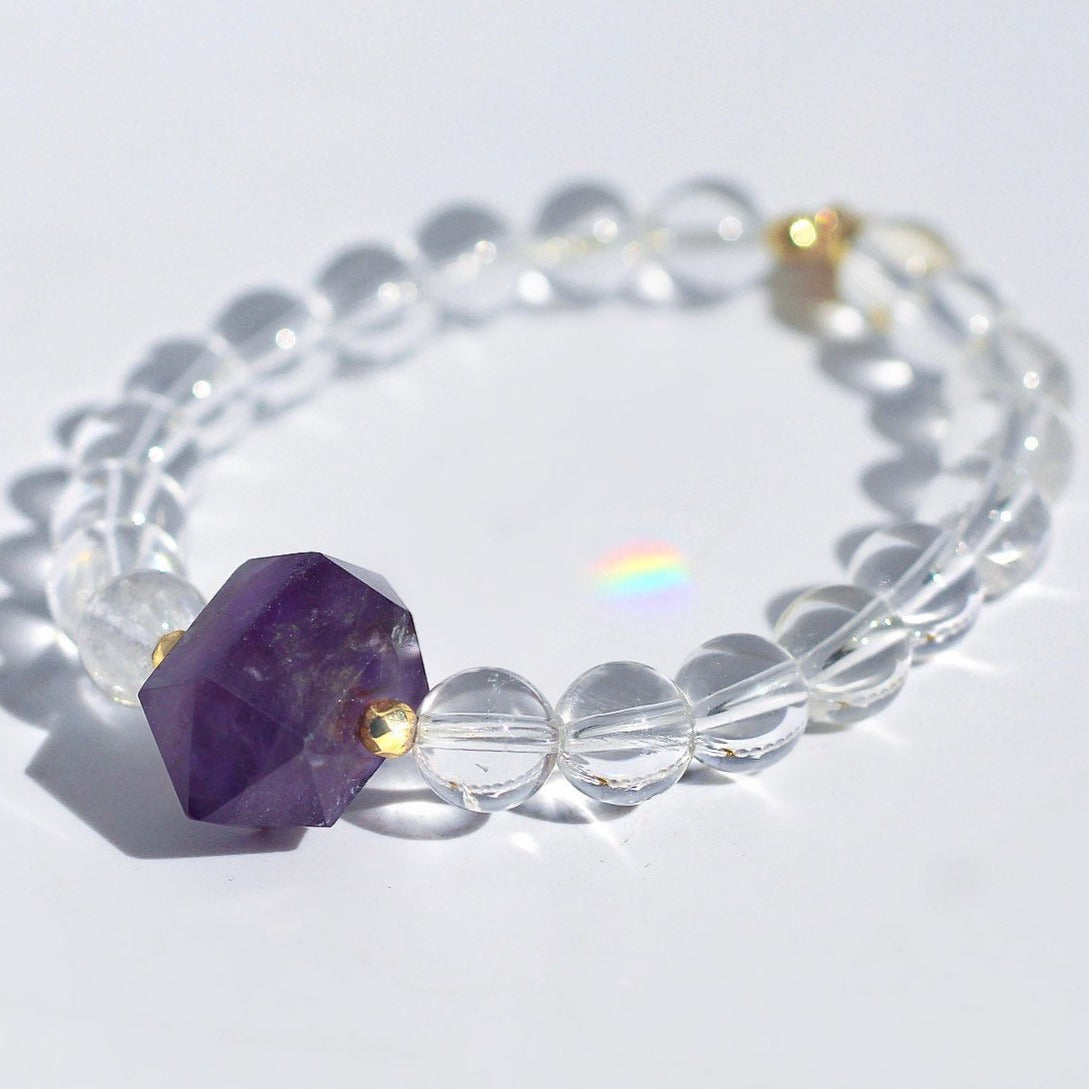 Amethyst and Quartz Mala Bracelet, Healing Crystal Stretch Bracelet, Clear Crystal Beaded Bracelet, Healing Stone Beaded Bracelet