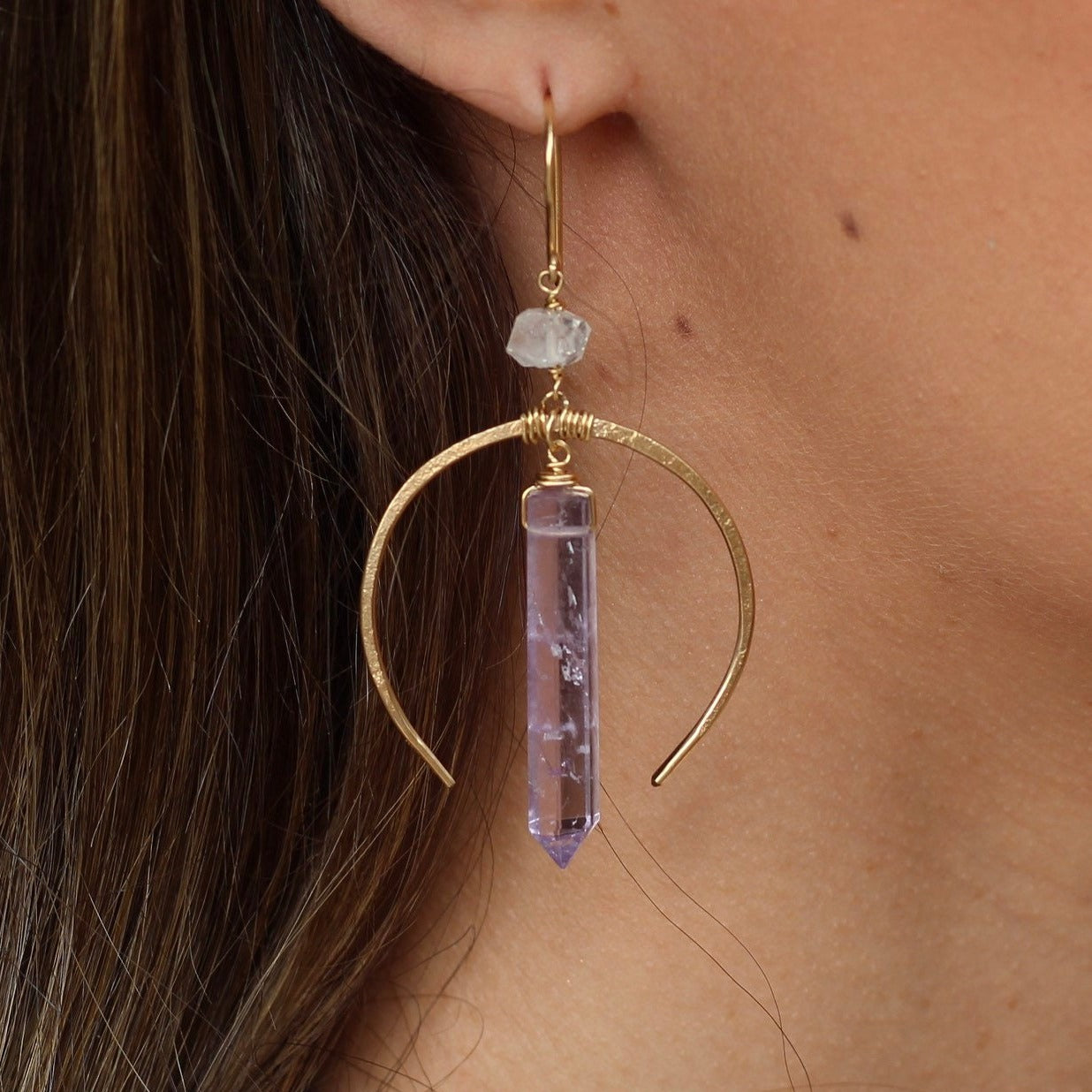 Crystal Moon Earrings, Gold Moon Hoops, Crystal Earrings, Crescent Moon Earrings, Moon Hoop Earrings, Healing Quartz Hoops, Gift for Her