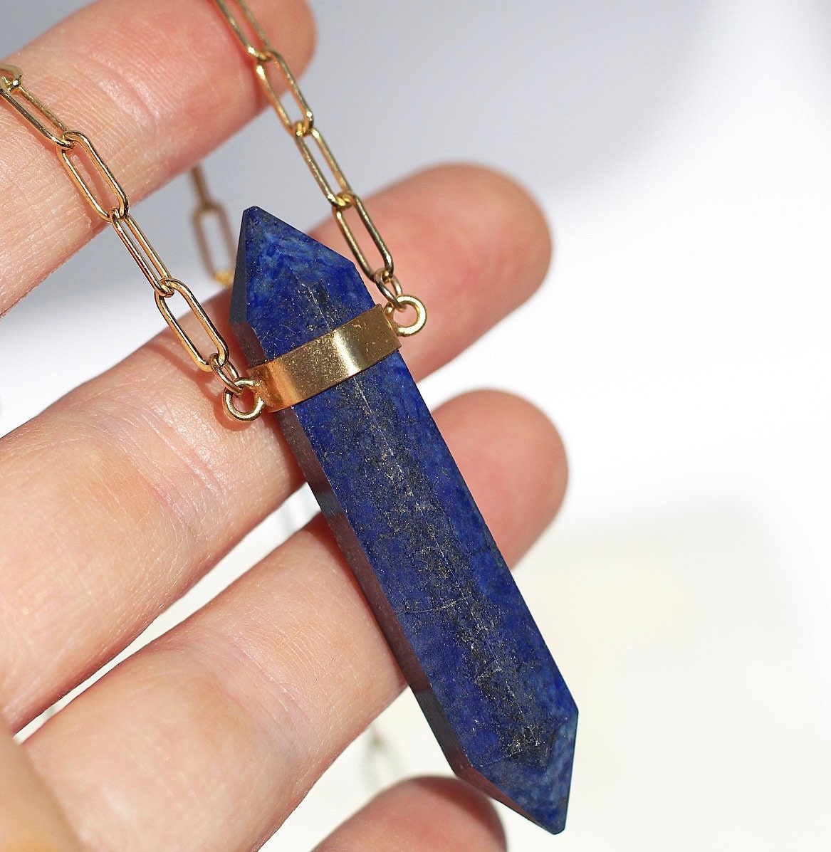 Chunky Lapis Lazuli Point Necklace, Double Terminated Lapis Lazuli Necklace, Lapis Lazuli Point Pendant, Throat Chakra Crystal Necklace