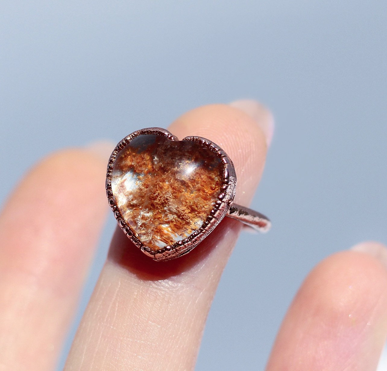 Garden Quartz Heart Ring, Heart Stone Lodolite Ring, Garden Quartz Crystal Ring, Polished Lodolite Stone Ring, Boho Heart Ring, Heart Gift