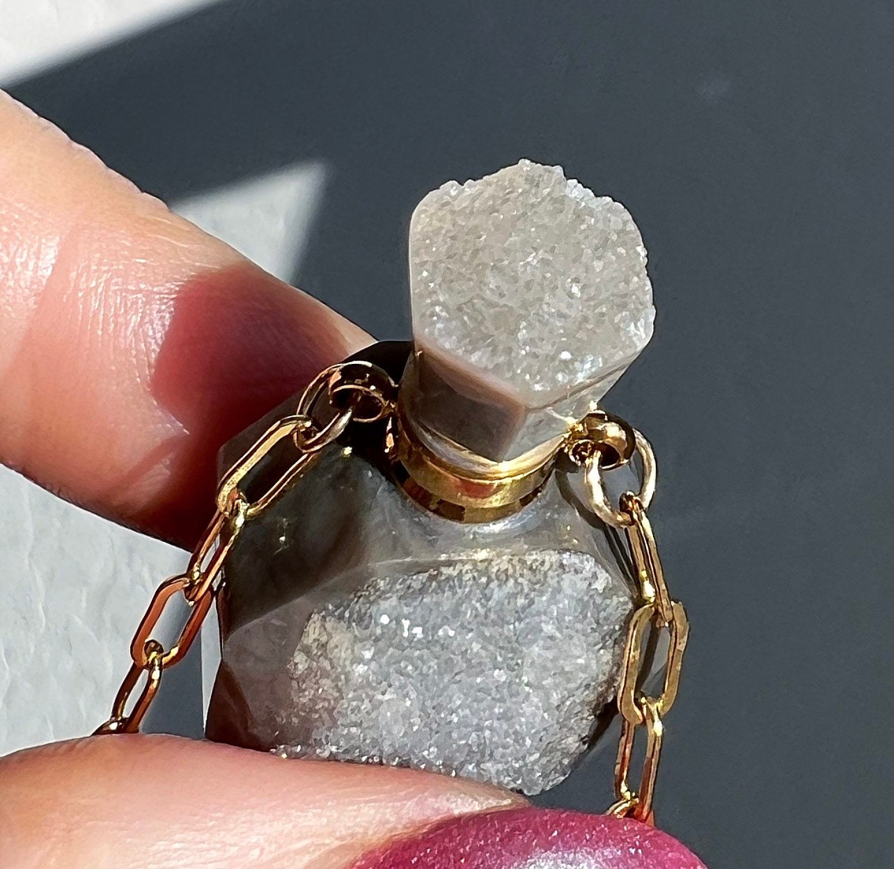 Crystal Druzy Perfume Bottle Necklace, Urn Necklace Crystal, Essential Oil Bottle Pendant, Potion Bottle Pendant, Urn Necklace Human Ashes
