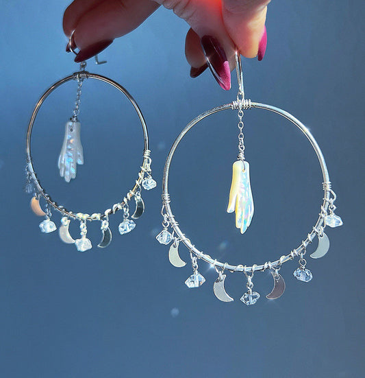 Mother of Pearl Hand Hoop Earrings, Fortune Teller Earrings, Palmistry Earrings, Celestial Jewelry, Moon and Stars Jewelry
