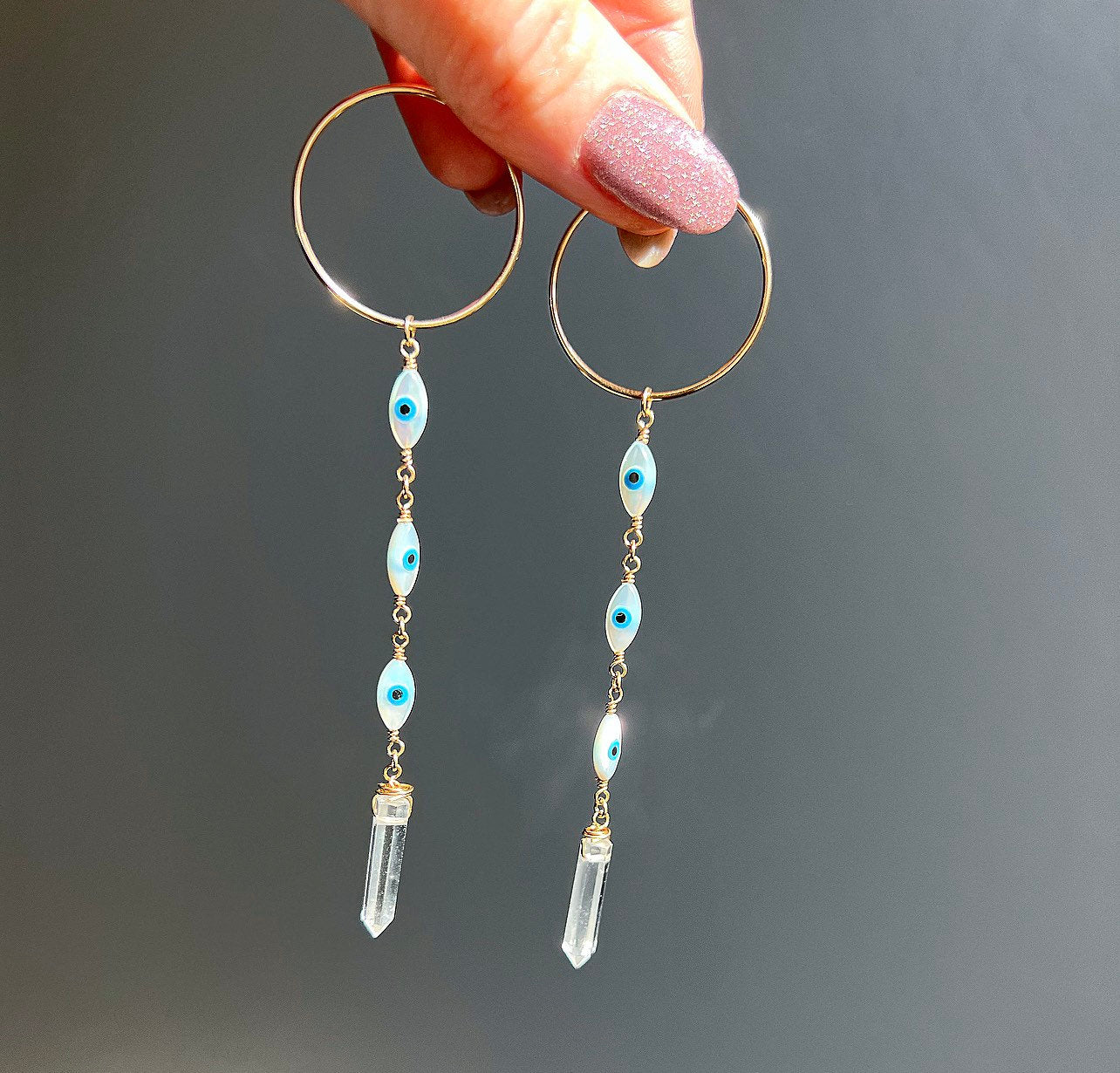 Mother of Pearl Evil Eye Crystal Quartz Duster Hoop Earrings, Lightweight Boho Dangle Earrings 14k Gold Filled Sterling Silver Rose Gold