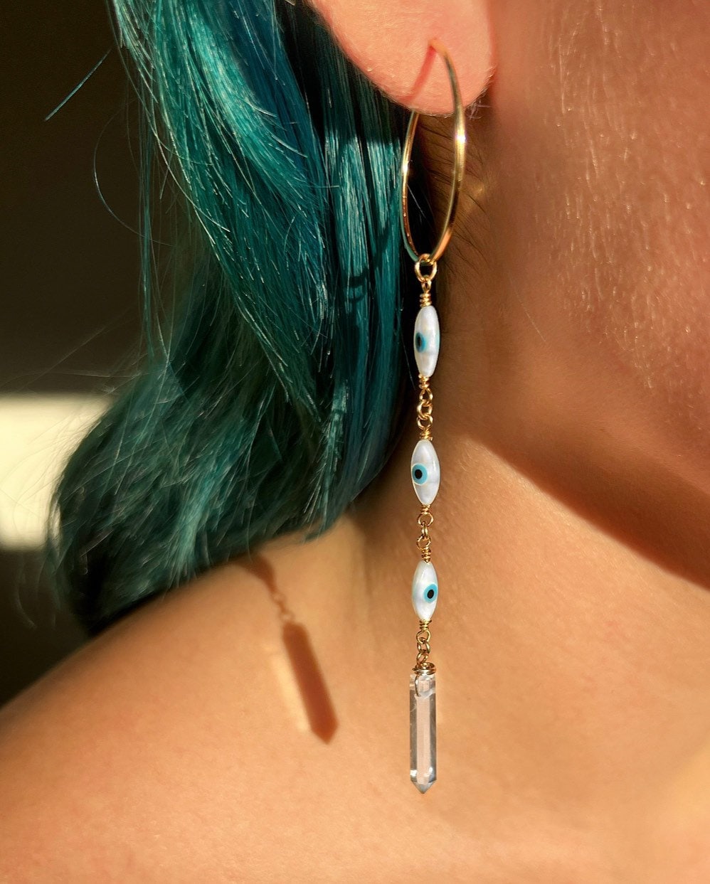Mother of Pearl Evil Eye Crystal Quartz Duster Hoop Earrings, Lightweight Boho Dangle Earrings 14k Gold Filled Sterling Silver Rose Gold