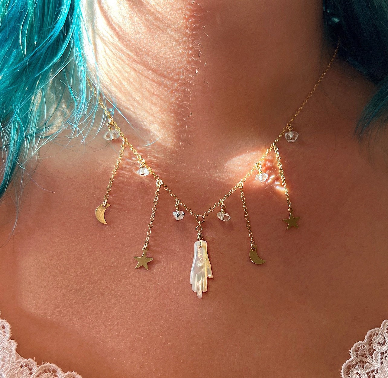 Mother of Pearl Carved Hand Celestial Statement Necklace, Carved Hand Jewelry, Tarot Necklace, Palmistry Necklace, Delicate Bib Necklace