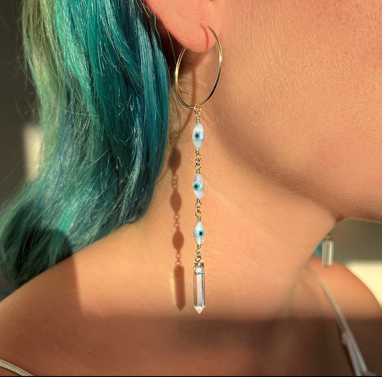 Mother of Pearl Evil Eye Crystal Quartz Duster Hoop Earrings, Lightweight Boho Dangle Earrings 14k Gold Filled Sterling Silver Rose Gold