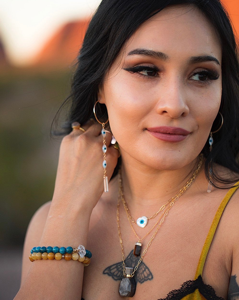 Mother of Pearl Evil Eye Crystal Quartz Duster Hoop Earrings, Lightweight Boho Dangle Earrings 14k Gold Filled Sterling Silver Rose Gold