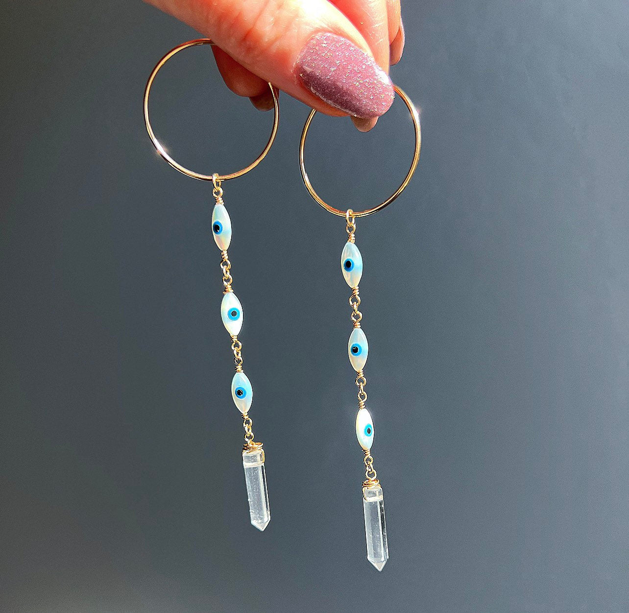Mother of Pearl Evil Eye Crystal Quartz Duster Hoop Earrings, Lightweight Boho Dangle Earrings 14k Gold Filled Sterling Silver Rose Gold