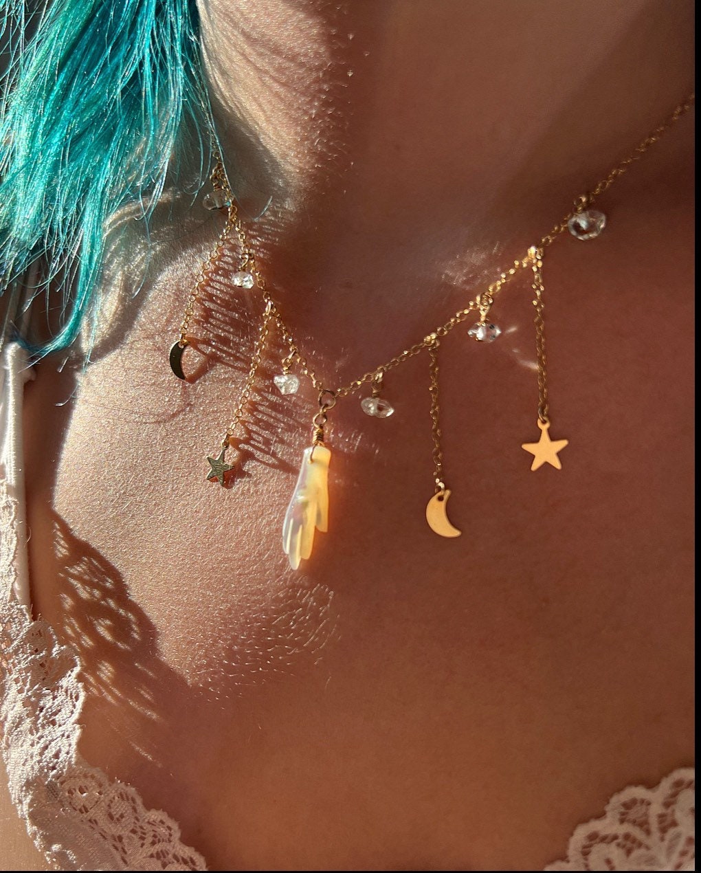 Mother of Pearl Carved Hand Celestial Statement Necklace, Carved Hand Jewelry, Tarot Necklace, Palmistry Necklace, Delicate Bib Necklace