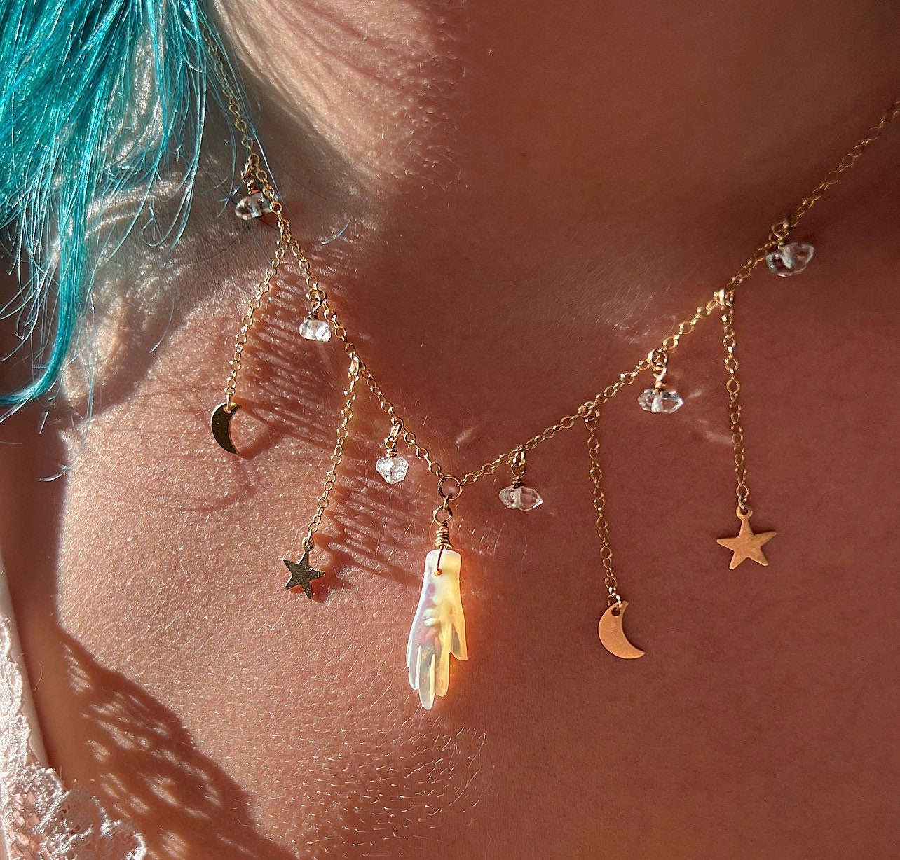 Mother of Pearl Carved Hand Celestial Statement Necklace, Carved Hand Jewelry, Tarot Necklace, Palmistry Necklace, Delicate Bib Necklace