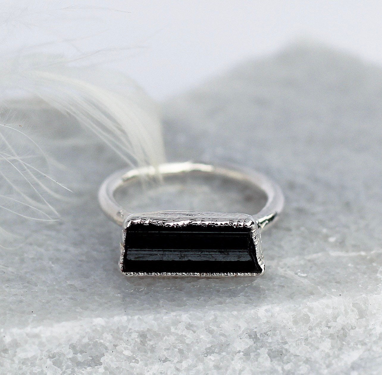 Black Tourmaline Ring in Silver, Black Tourmaline Stone Ring, Grounding Crystal Ring, Healing Stone Jewelry, Raw Black Tourmaline Jewelry